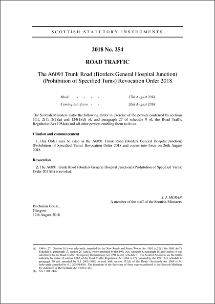 The A6091 Trunk Road (Borders General Hospital Junction) (Prohibition of Specified Turns) Revocation Order 2018