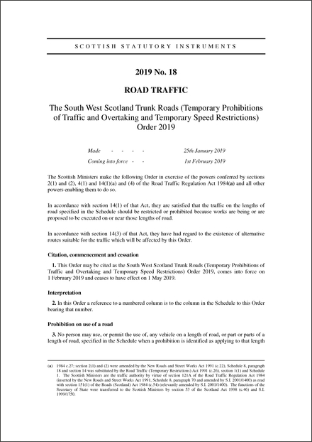 The South West Scotland Trunk Roads (Temporary Prohibitions of Traffic and Overtaking and Temporary Speed Restrictions) Order 2019