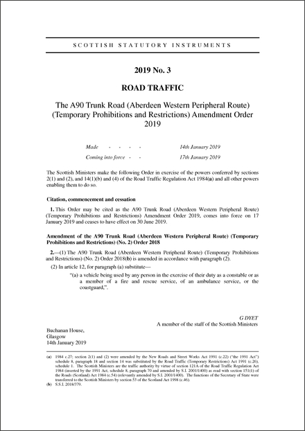 The A90 Trunk Road (Aberdeen Western Peripheral Route) (Temporary Prohibitions and Restrictions) Amendment Order 2019
