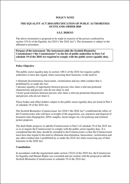 The Equality Act 2010 (Specification of Public Authorities) (Scotland)  Order 2020 - Policy Note