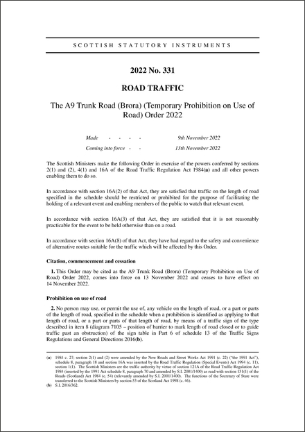 The A9 Trunk Road (Brora) (Temporary Prohibition on Use of Road) Order 2022