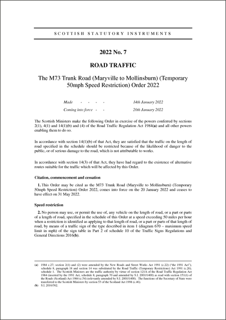 The M73 Trunk Road (Maryville to Mollinsburn) (Temporary 50mph Speed Restriction) Order 2022