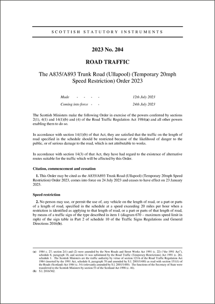 The A835/A893 Trunk Road (Ullapool) (Temporary 20mph Speed Restriction) Order 2023