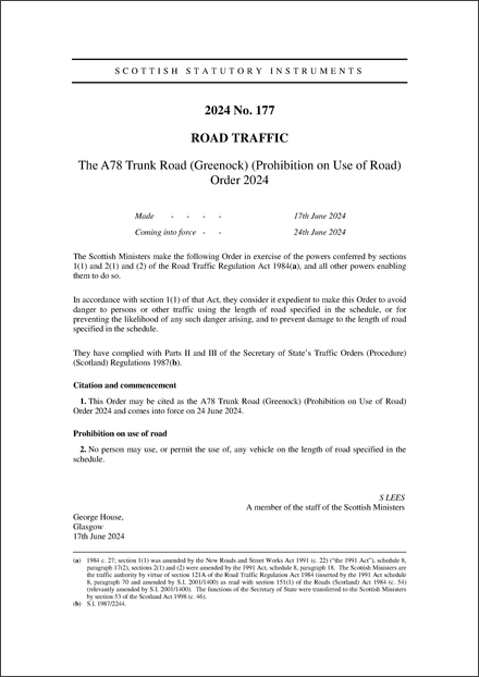 The A78 Trunk Road (Greenock) (Prohibition on Use of Road) Order 2024