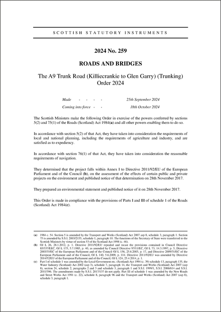 The A9 Trunk Road (Killiecrankie to Glen Garry) (Trunking) Order 2024