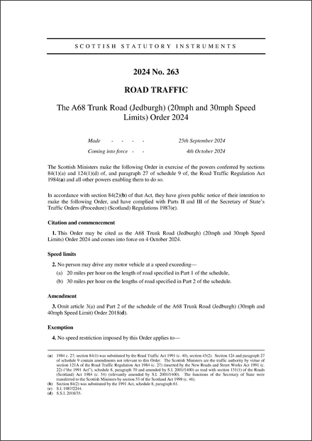 The A68 Trunk Road (Jedburgh) (20mph and 30mph Speed Limits) Order 2024