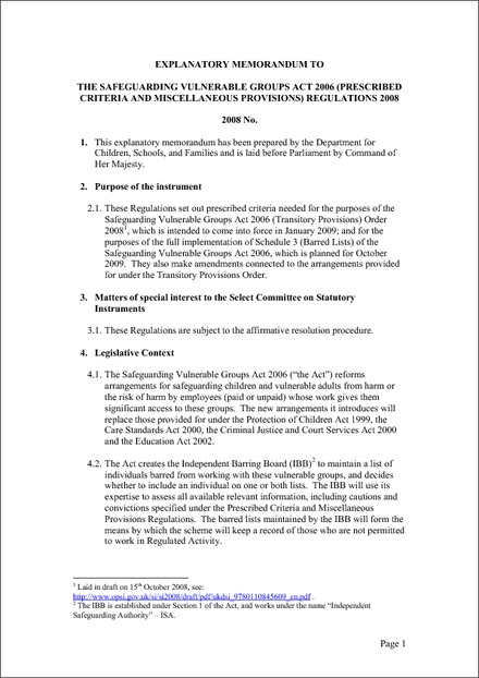 The Safeguarding Vulnerable Groups Act 2006 (Prescribed Criteria and  Miscellaneous Provisions) Regulations 2008 - Draft Explanatory Memorandum