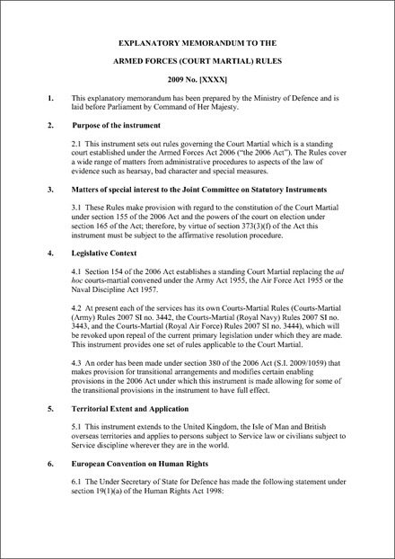 The Armed Forces (Court Martial) Rules 2009 - Draft Explanatory Memorandum