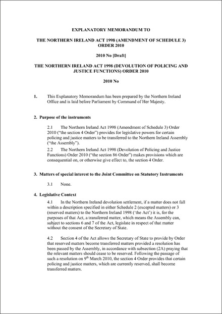 The Northern Ireland Act 1998 (Amendment of Schedule 3) Order 2010 - Draft  Explanatory Memorandum