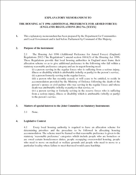 The Housing Act 1996 (Additional Preference for Armed Forces) (England)  Regulations 2012 - Draft Explanatory Memorandum