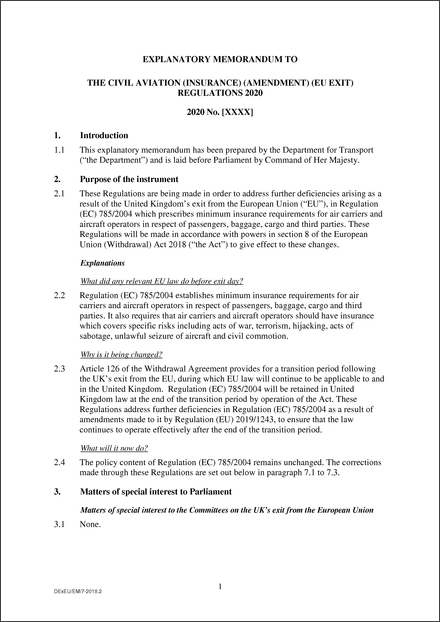 The Civil Aviation (Insurance) (Amendment) (EU Exit) Regulations 2020 ...