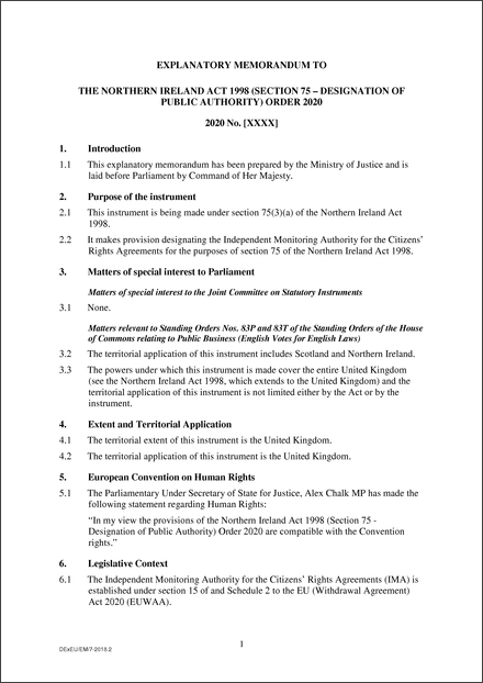 The Northern Ireland Act 1998 (Section 75 – Designation of Public  Authority) Order 2020 - Draft Explanatory Memorandum