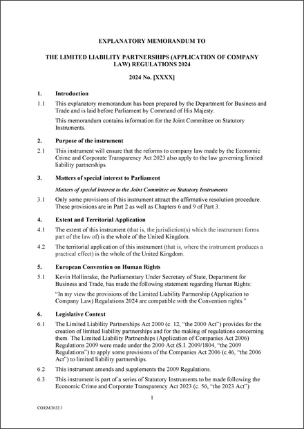 UK Draft Explanatory Memorandum 2