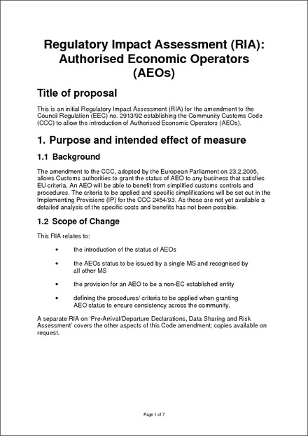 Regulatory Impact Assessment (RIA): Authorised Economic Operators (AEOs)