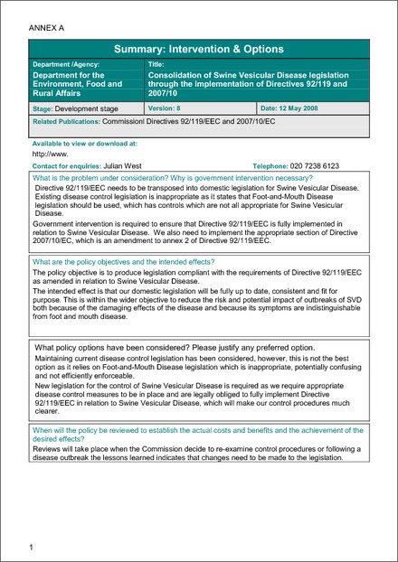 Impact Assessment to The Swine Vesicular Disease Regulations 2009