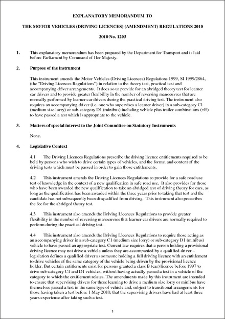 Impact Assessment to The Motor Vehicles (Driving Licences) (Amendment) Regulations 2010