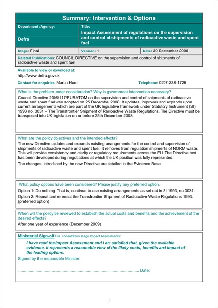 Impact Assessment to The Transfrontier Shipment of Radioactive Waste and Spent Fuel Regulations 2008 (revoked)