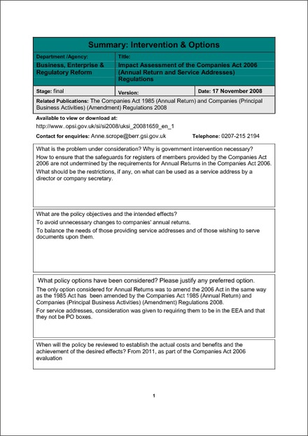 Impact Assessment of the Companies Act 2006 (Annual Return and Service Addresses) Regulations