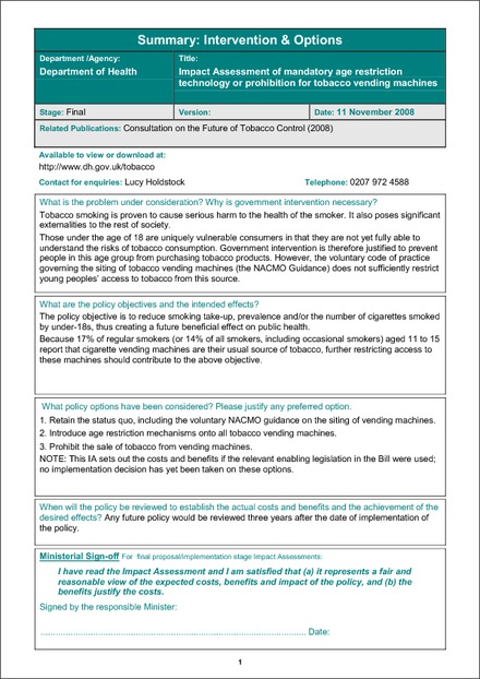 Impact Assessment of mandatory age restriction technology or prohibition for tobacco vending machines