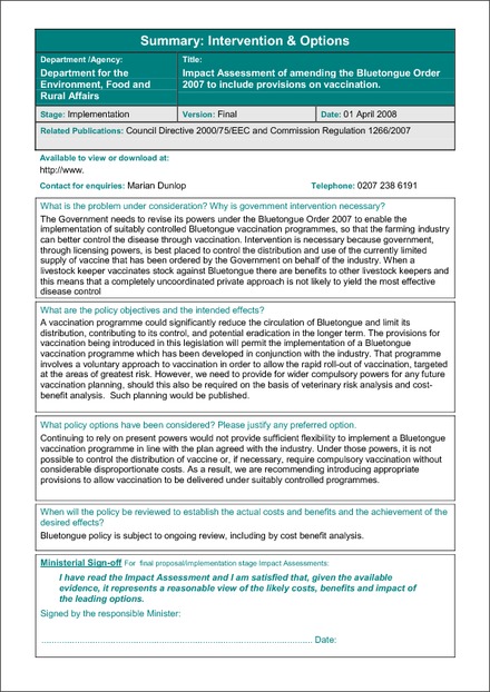 Impact Assessment to The Bluetongue Regulations 2008