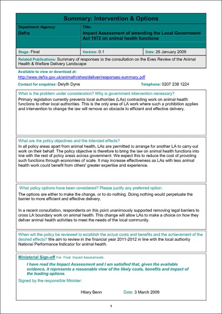 Impact Assessment to The Legislative Reform (Local Government) (Animal Health Functions) Order 2009