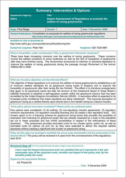 Impact Assessment to The Welfare of Racing Greyhounds Regulations 2010