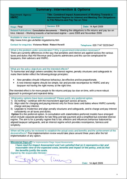 Impact Assessment to The Finance Act 2009, Schedule 56 (Appointed Day and Consequential Provisions) Order 2010