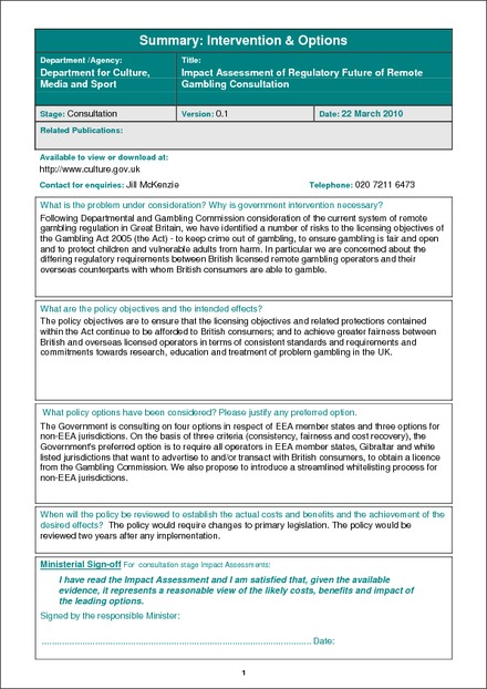 Impact Assessment of Regulatory Future of Remote Gambling Consultation