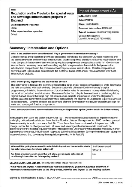 Provision for special water and sewerage infrastructure projects in England