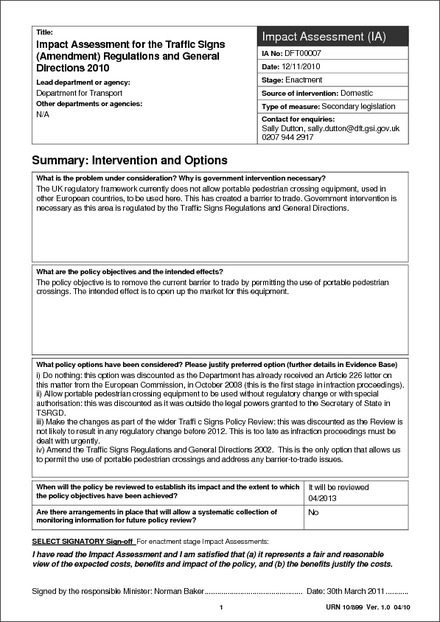 Impact Assessment to The Traffic Signs (Amendment) Regulations and General Directions 2011