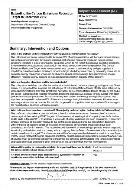 Impact Assessment to The Electricity and Gas (Carbon Emissions Reduction) (Amendment) Order 2010