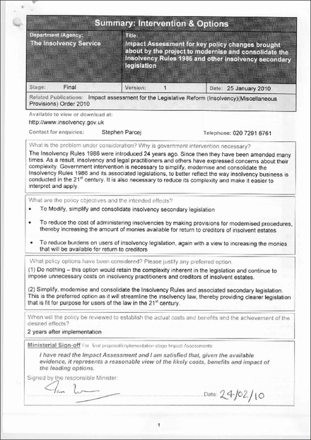 Impact Assessment to The Insolvency (Amendment) Rules 2010