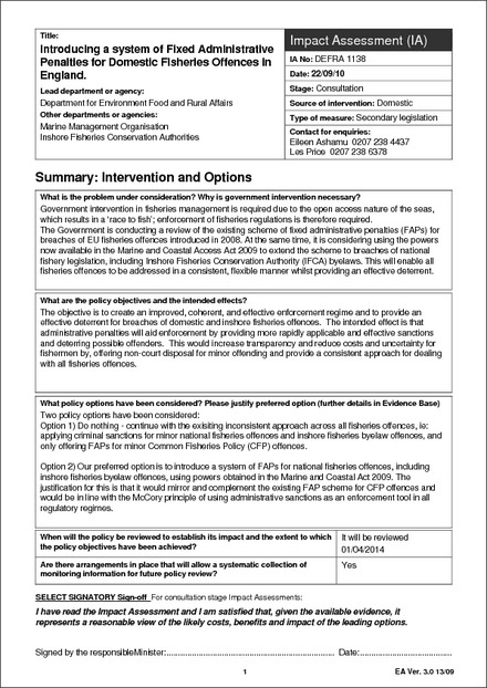 Impact Assessment to The Sea Fishing (Penalty Notices) (England) Order 2011