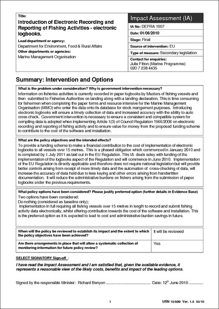 Impact Assessment to The Fishing Boats (Electronic Transmission of Fishing Activities Data) (England) Scheme 2010