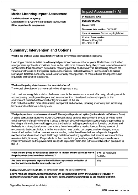 Impact Assessment to The Marine Works (Environmental Impact Assessment) (Amendment) Regulations 2011