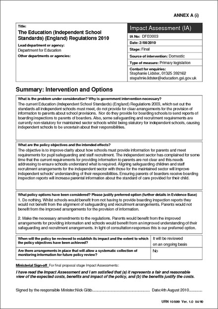 Impact Assessment to The Education (Independent School Standards) (England) Regulations 2010