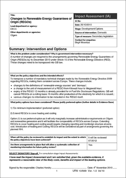 Impact Assessment to The Electricity (Guarantees of Origin of Electricity Produced from Renewable Energy Sources) (Amendment) Regulations 2010