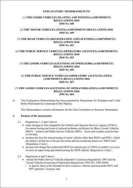 Impact Assessment to The Motor Vehicles (Tests) (Amendment) Regulations 2009