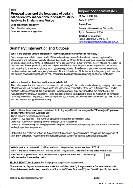 Proposal to amend the frequency of certain official control inspections for on-farm dairy hygiene in England and Wales