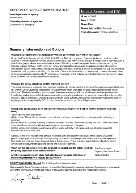 Reform of Vehicle Immobilisation