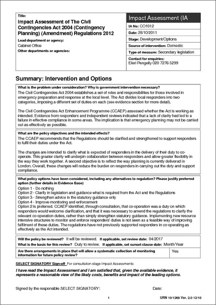Civil Contingencies Act 2004 (Contingency Planning) (Regulations) 2012 -  Impact Assessment