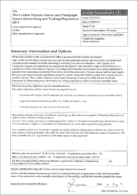 Impact Assessment to The London Olympic Games and Paralympic Games (Advertising and Trading) (England) Regulations 2011