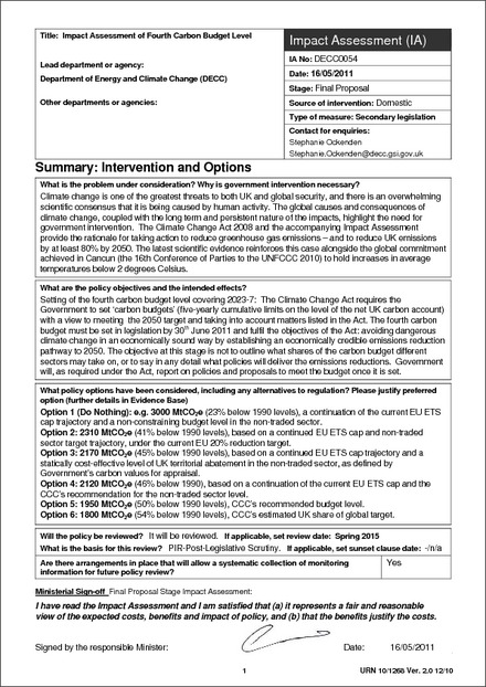 Impact Assessment to The Carbon Budget Order 2011