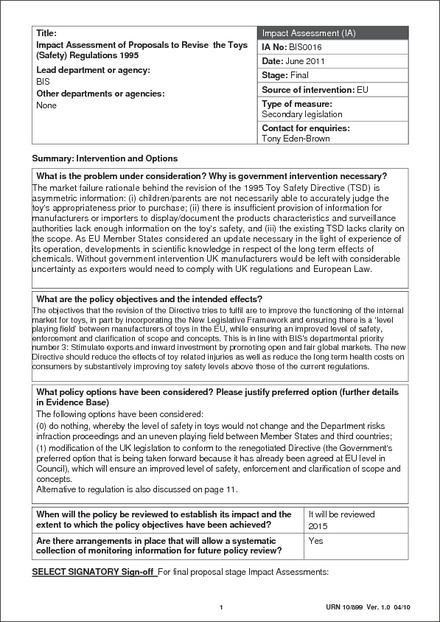 Impact Assessment to The Toys (Safety) Regulations 2011