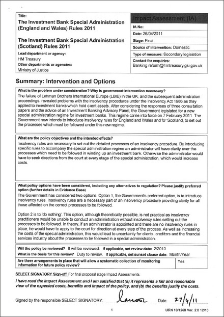 Impact Assessment to The Investment Bank Special Administration (Scotland) Rules 2011