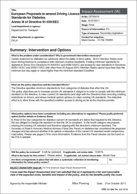 Impact Assessment to The Motor Vehicles (Driving Licences) (Amendment) Regulations 2011