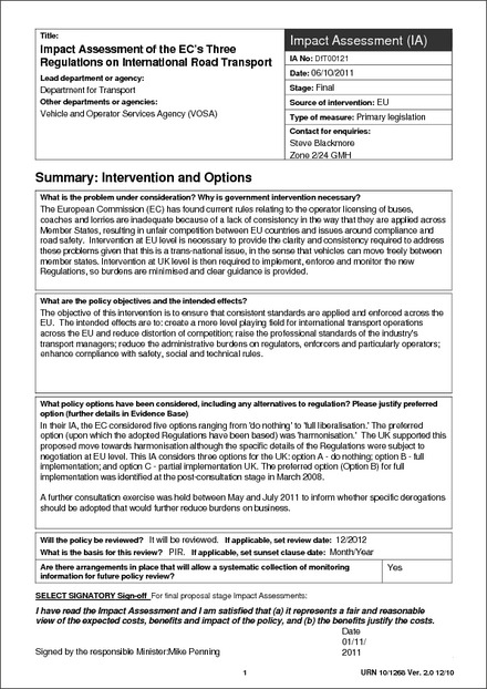 Impact Assessment to The Goods Vehicles (Community Licences) Regulations 2011