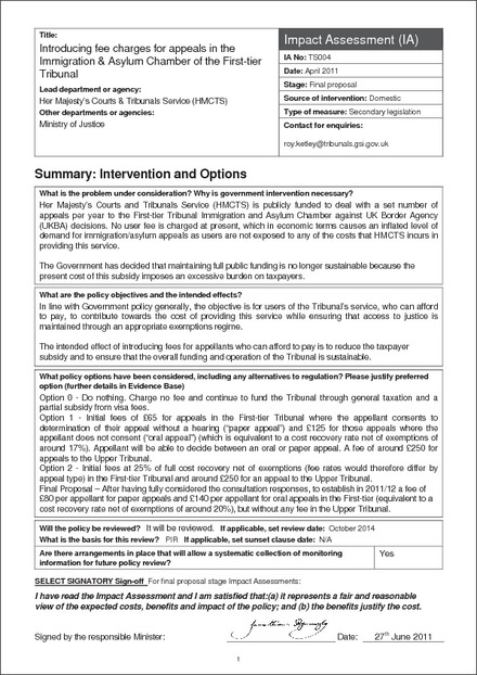 Impact Assessment to The First-tier Tribunal (Immigration and Asylum Chamber) Fees Order 2011