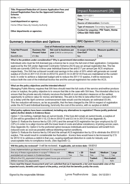 Impact Assessment to The Private Security Industry Act 2001 Regulations (Amendment) Regulations 2011