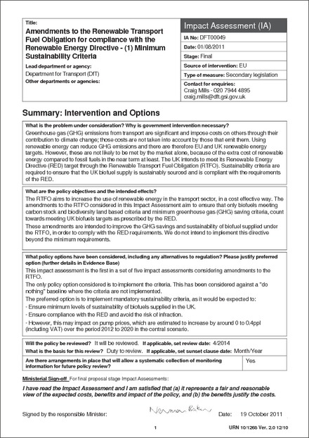 Impact Assessment to The Renewable Transport Fuel Obligations (Amendment) Order 2011